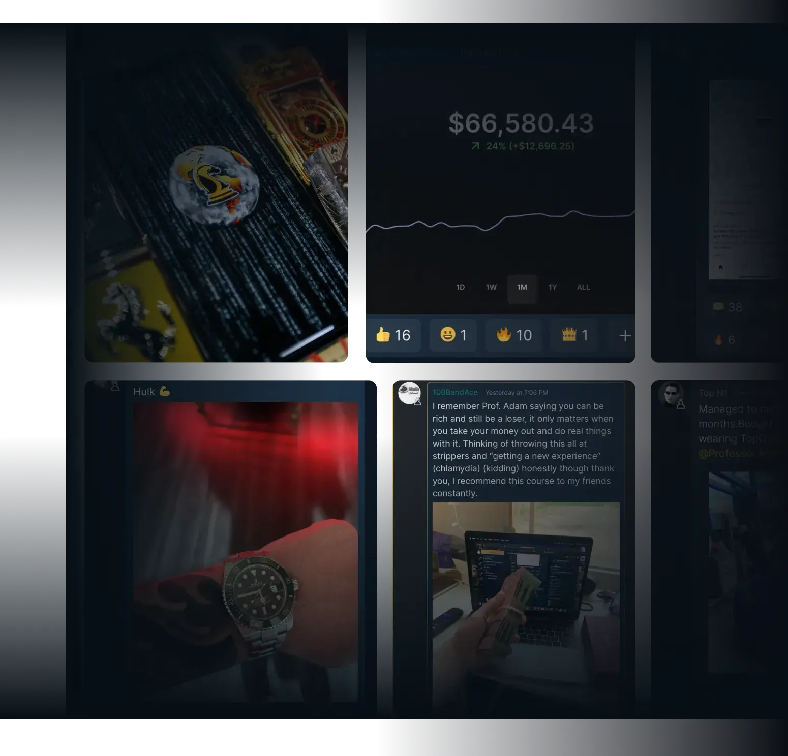 Social Proof Grid - Brand Logo, Financial Dashboard, Rolex Watch, Student Testimonial